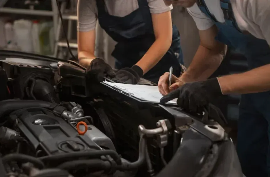A mechanic verifying vehicle inspection results at the engine bay.